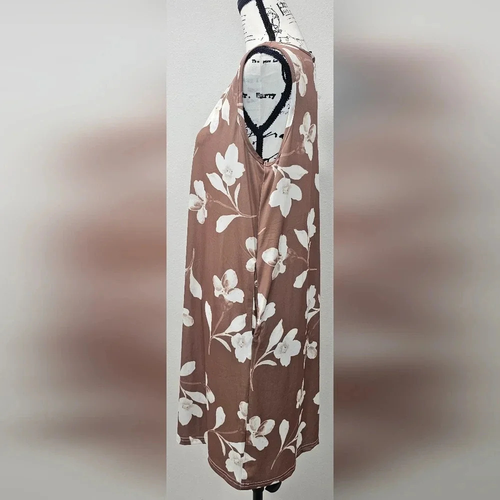 Bon Apple Tea Coffee & White Floral Pocket Sleeveless V Neck Shift Dress Size S - Picture 2 of 12